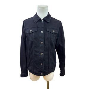 Black Denim Jacket W/ Floral Embroidery On Back Button Closure Long Sleeves Sz S